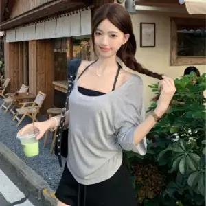 [하프클럽/]데일리룩 홀터넥 스트랩 크롭탑 반팔티 세트