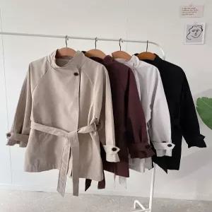 허니제이 [브리치] 벨트세트 무배 스퍼른 반하이넥 버튼 하프 트렌치 코트(4color)