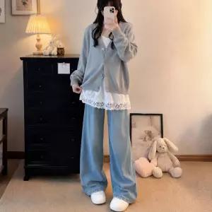 호빵2 여성 화이트 레이스 PU 재킷 A라인 스커트 가을 맞이 레이어드 니트