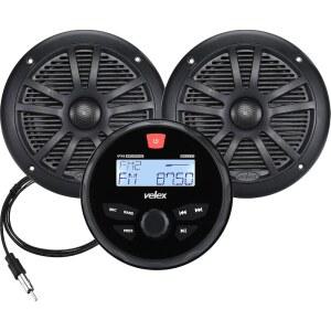 VELEX 해양용 스테레오 스피커 패키지 블루투스 MP3 USB AM FM 지원 - 6.5인치 블랙 2개 안테나 포함