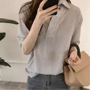 오피스룩 여자 카라 스트라이프셔츠 남방 7부 여름