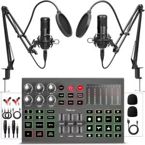 헤이너-시크 팟캐스트 장비 번들 2인용 마이크 포함 올메탈 오디오 인터페이스 DJ 믹서 음성 변경 스트리밍