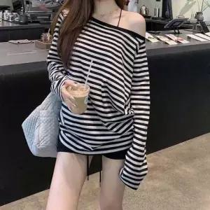 여자 오프 숄더 스타일 줄무늬 스트라이프 박시 긴팔 티셔츠 후드 후드티 데일리 가을