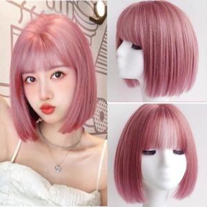 여성 인조모 정수리 단발머리 가발 핑크 1P 패션 통가발 전체가발
