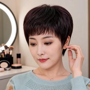 여성 숏컷 가발 인모 전체 통가발 숏헤어 2컬러