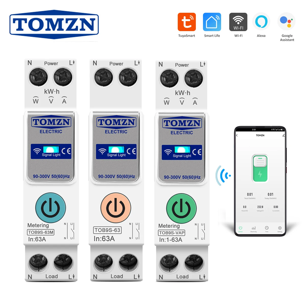 투야 스마트라이프 63A TOMZN 1P+N WIFI 스마트 스위치 에너지 미터 Kwh 계량 모니터링 회로 차단기 타이머 릴레이 MCB