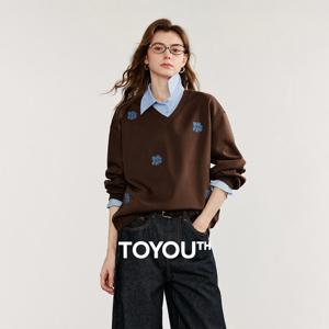 TOYOUTH 여성용 스웨트셔츠 2026 가을 데님 꽃 자수 가짜 투피스 스플라이싱 턴다운 칼라 코튼 캐주얼 풀오버