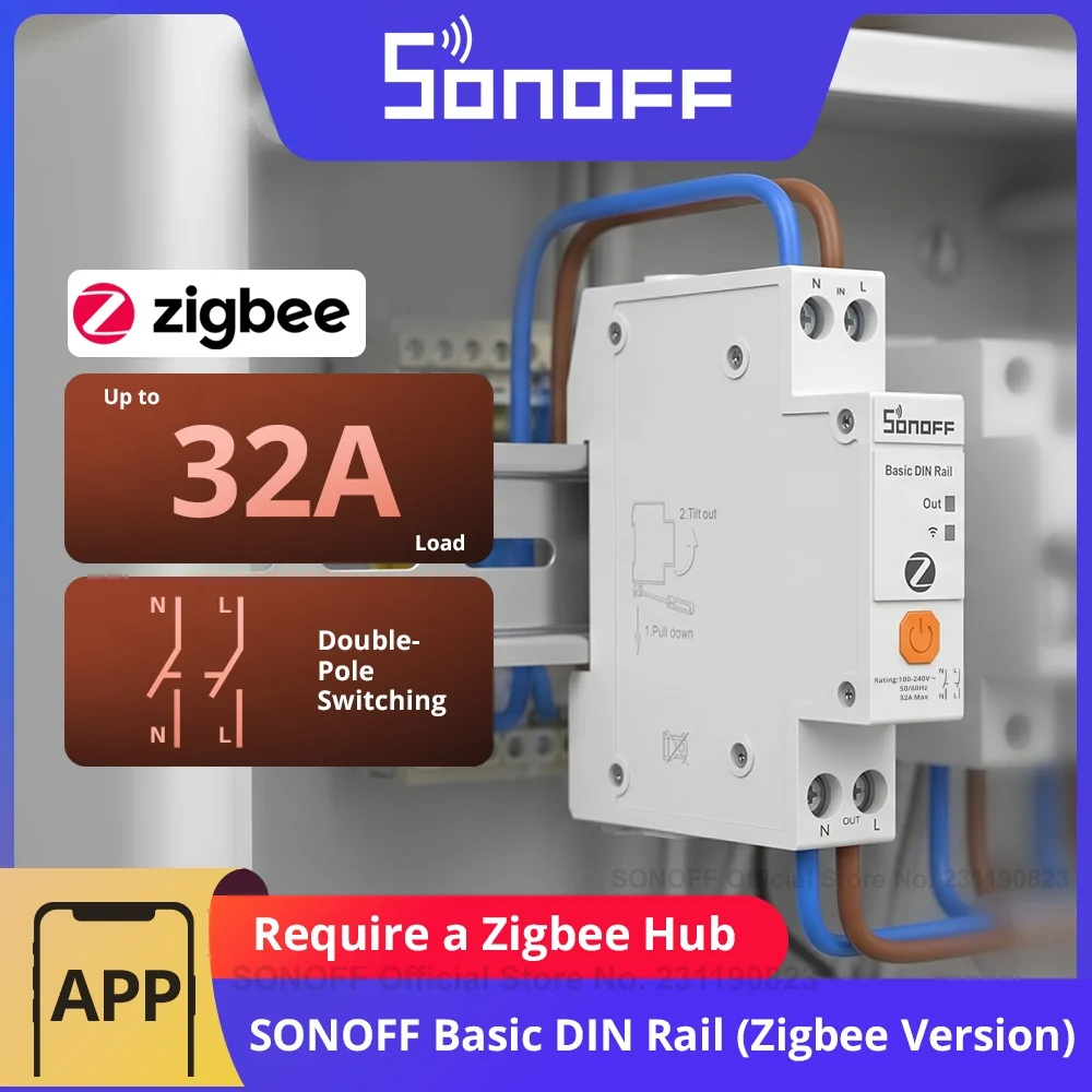 SONOFF BASIC-ZB1GSP 베이직 DIN 레일 지그비 스마트 스위치 32A 고출력 이중극 스위칭 에너지 추적 과부하 보호