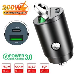 200W 미니 차량용 충전기 아이폰 고속 충전 QC3.0 미니 PD USB 타입 C 차량용 휴대폰 충전기 샤오미 삼성 화웨이용