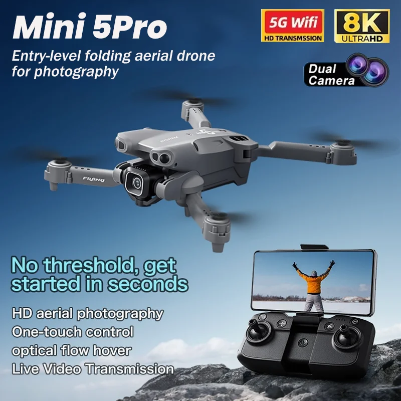새로운 미니 5 프로 RC 드론 8K HD 듀얼 카메라 5G WIFI 사진 촬영 헬리콥터 브러시리스 장애물 회피 접이식 쿼드콥터 RC 드론
