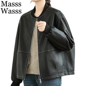 Masss Wasss 한국 가을 여성 느슨한 레저 빈티지 가짜 가죽 자켓 숙녀 클래식 V 넥 윈드 브레이커 패션 PU 코트
