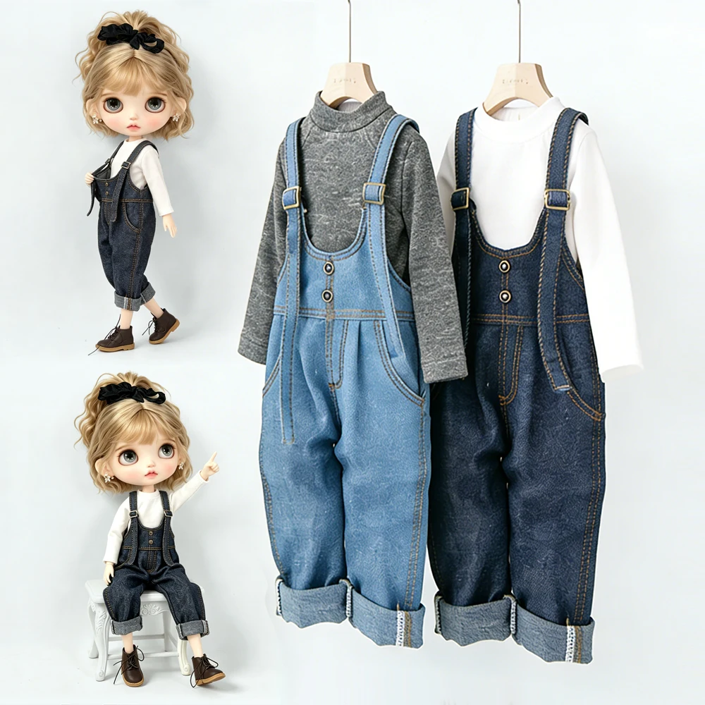 Blyth 인형 옷 빈티지 데님 오버올 긴 소매 베이스 레이어 탑 청바지 바지 세트 Ob22 YMY Licca Azone 인형 액세서리