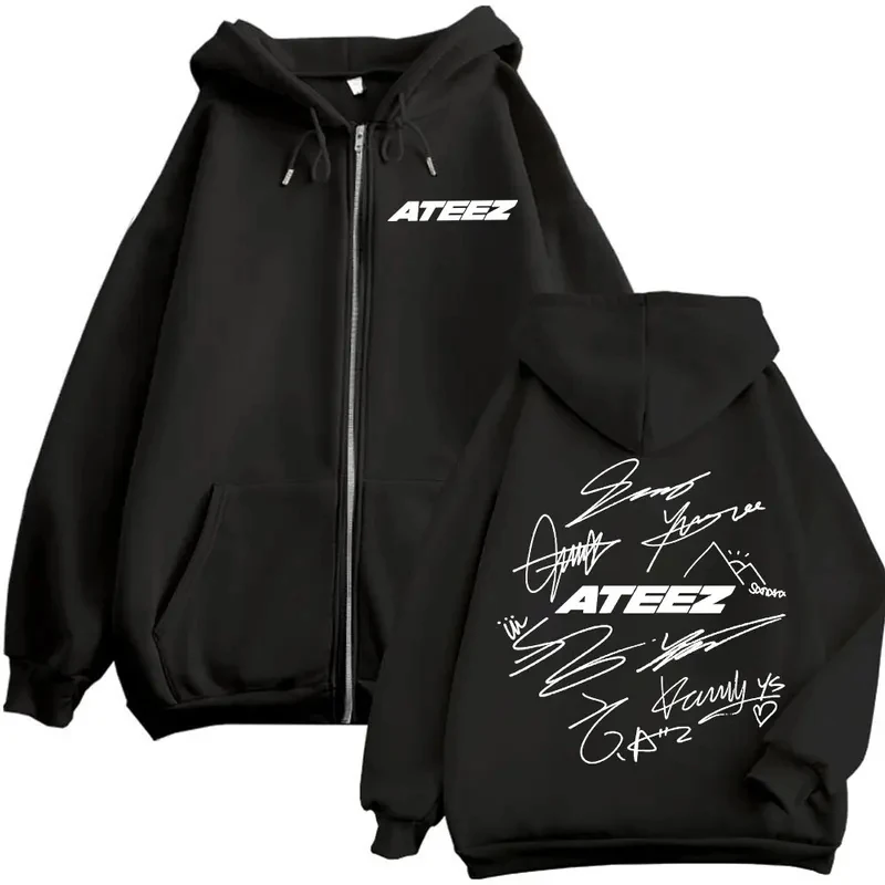 한정판 Kpop ATEEZ 로고 양면 프린트 지퍼 후드티 패션 힙합 지퍼업 스웨트셔츠 남녀 공용 캐주얼 오버사이즈 풀오버
