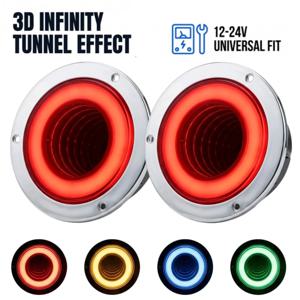2개 4인치 원형 LED 트럭 테일 라이트 3D 인피니티 터널 효과 12-24V 브레이크 정지 방향 지시등 스트로브 램프 범용 트레일러 트럭용