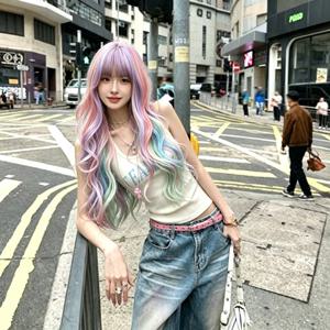 분홍색 무지개색 앞머리가 달린 긴 컬 스타일의 인조 가발로, 카니발이나 성 패트릭의 날과 같은 특별한 날에 여성들이 착용하기에 적합합니다.