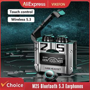 M25 무선 게이밍 이어버드 블루투스 5.3 배터리 표시기 깊은 베이스 HiFi 사운드 부드러운 이어팁 안드로이드 및 iOS 폰용