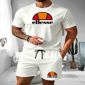 Ellesse 남성용 여름 캐주얼 스포츠 세트 반팔 티셔츠 + 반바지 투피스 트렌디 프린트 통기성 속건성 피트니스웨어