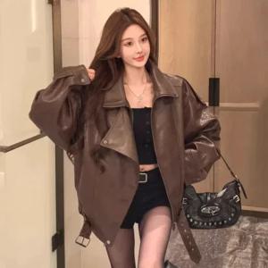 레트로 유럽 스타일 여성용 오토바이 재킷 PU 가죽 코트 지퍼 칼라 가을 겨울 신상 두꺼운 인조 가죽