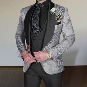 남성용 실버 그레이 자카드 정장 3종 세트 블랙 새틴 재킷 조끼 바지 웨딩 신랑 칵테일 파티 턱시도 맞춤 핏