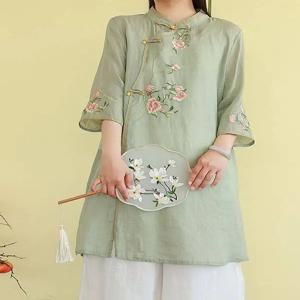 빈티지 전통 중국 의류 Hanfu 코튼 린넨 셔츠 여성 여름 느슨한 수 놓은 민족 요정 드레스 CN-226
