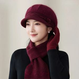 토끼 털 베레모, 보온 키트, 여성용 토끼 털 혼방 겨울용 플러시 보온 모자, 노년층을 위한 니트 모자와 스카프 세트