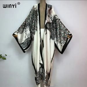 WINYI 캣워크 기모노 여성 프린트 버블 헴 코트 긴 소매 가디건 아바야 두바이 럭셔리 비치웨어 커버업 보헤미안 드레스 카프탄