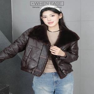 겨울용 여성용 두툼하고 따뜻한 소가죽 소재의 구스다운 재킷, 빈티지 스타일의 넉넉한 핏, 양털 칼라, 캐주얼한 오버코트 재킷