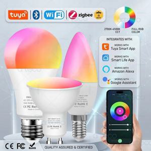 투야 E27 GU10 E14 스마트 전구 블루투스 와이파이 지그비 디밍 가능 스마트 LED 램프 RGBCW LED 전구 알렉사 구글 어시스턴트와 호환
