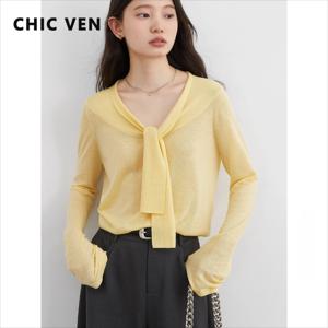 CHIC VEN 여성 스웨터 풀오버 루즈 캐주얼 신상 V넥 레이스업 가벼운 여성 니트 점퍼 봄 가을 2025