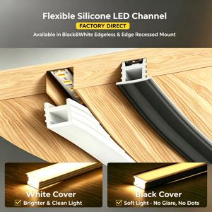 1-10M 플렉시블 실리콘 LED 디퓨저 채널, 구부릴 수 있는 LED 프로파일, 매립형 선형 조명, 엣지형 또는 엣지리스, 검정색 또는 흰색 커버