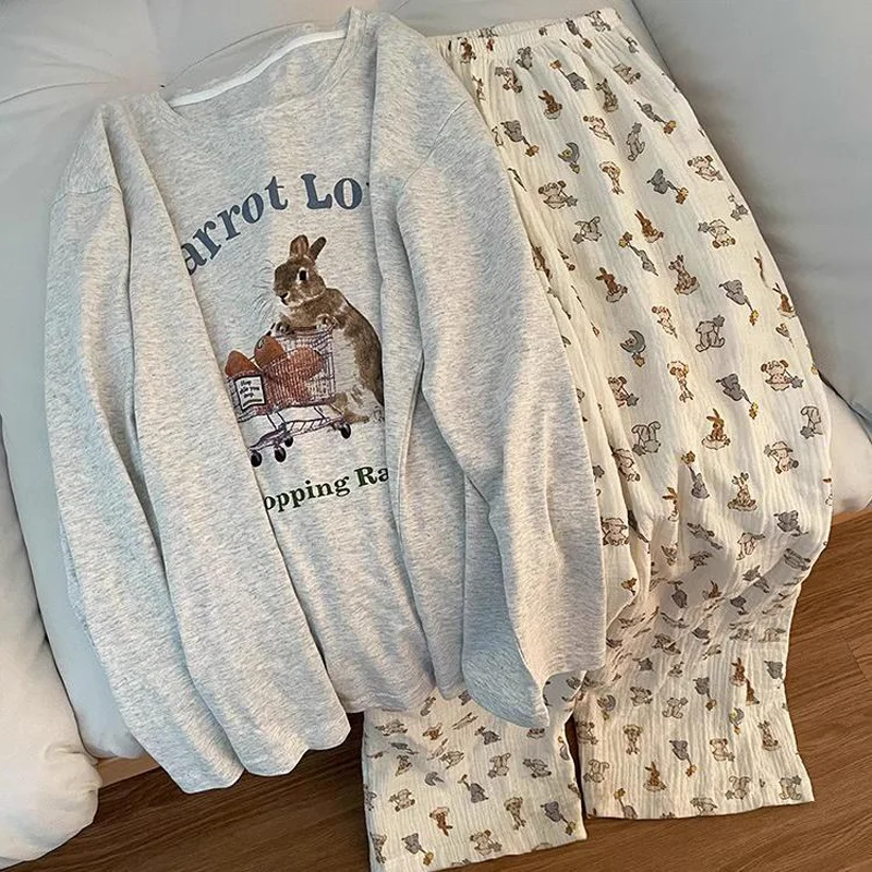 봄과 가을 신사 숙녀 스타일 잠옷 Homewear 세트 여자 학생 한국어 달콤한 잠옷 느슨한 잠옷 Homewear 세트