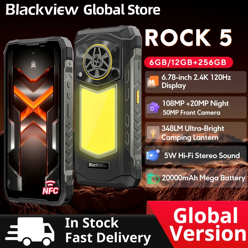 새로운 블랙뷰 ROCK 5 러기드폰 6.78인치 2.4K 120Hz 디스플레이 캠핑 랜턴 20000mAh 108MP 카메라 NFC 휴대폰