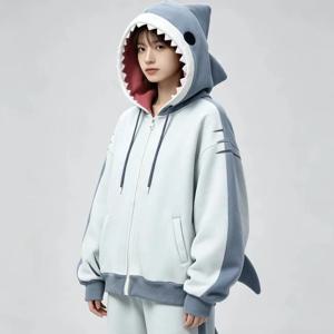 일본 니치 애니메이션 3D 상어 모양 후드 스웨터 여성용 리본 장식 루즈핏 캐주얼 지퍼 후드 스웨트셔츠