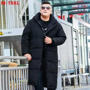 겨울용 검은색 오리털 코트, 남성용, 매우 긴 기장, 무릎까지 오는 길이, 따뜻하고 방한 기능이 뛰어남, 빅사이즈, 10XL, 9XL, 8XL, 후드형 오리털 재킷