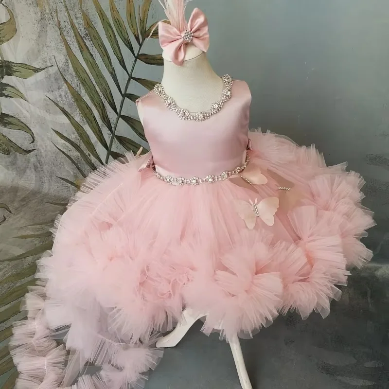 푹신한 소녀 드레스 핑크 베이비 드레스 트레인 꽃 소녀 드레스 보우 귀여운 아이의 어린이 생일 드레스 Frist Communion