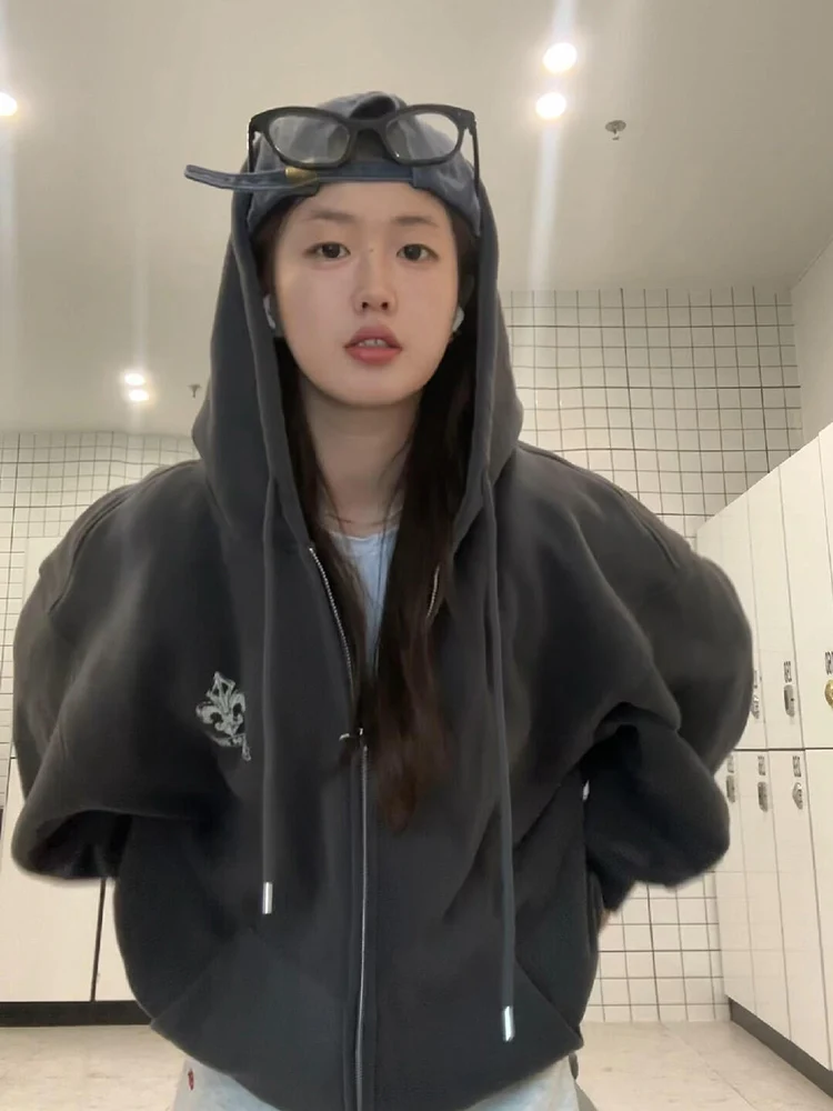 레트로 고딕 아메리칸 스타일 후드 오픈 가디건 스웨트셔츠 여성용 가을 겨울 루즈핏 레이지 아우터 커플 트렌디 브랜드