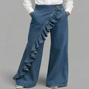 여성용 하이 웨이스트 와이드 레그 팬츠 비대칭 러플 밑단 데님 바지 빈티지 워싱 루즈 롱 청바지 3가지 색상