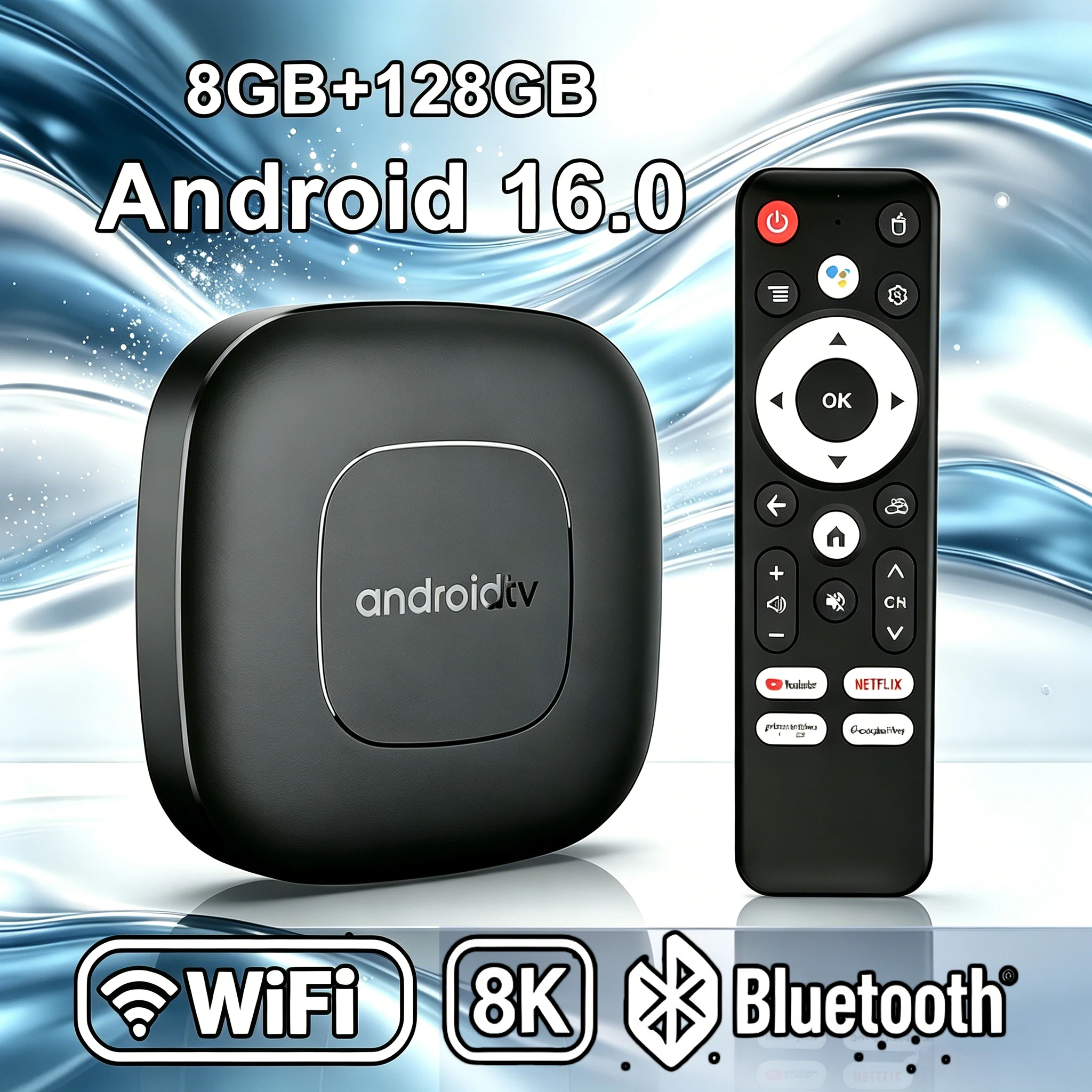 T1 안드로이드 16 TV 박스, 듀얼 밴드 와이파이, BT5.4, 8K HD 비디오, 최대 128GB 메모리, 음성 리모컨 지원, 가정용 TV 미디어 재생에 적합