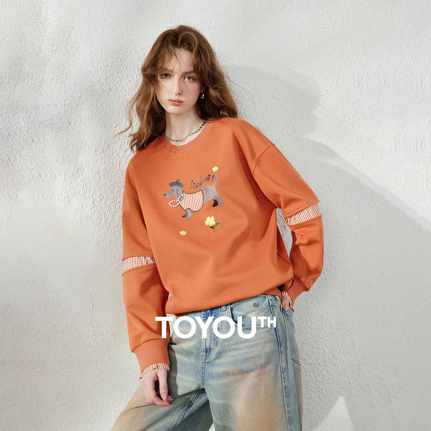 TOYOUTH 여성용 스웨트셔츠 2026 가을 신상 루즈핏 디컨스트럭티드 페이크 투피스 플래드 닥스훈트 프린트 빈티지 풀오버 탑