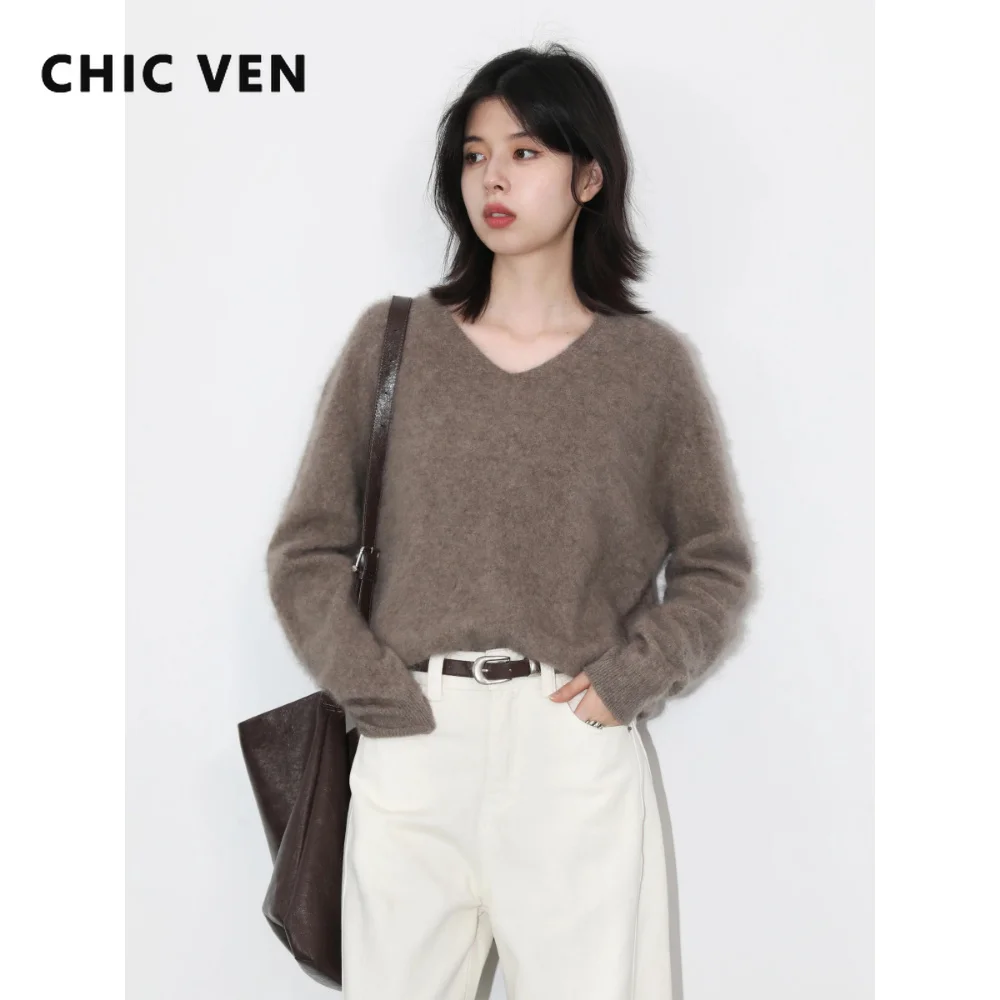 CHIC VEN 신상 여성용 울 스웨터 솔리드 루즈 캐주얼 오버사이즈 V넥 여성 점퍼 플러스 사이즈 풀오버 가을 겨울 2026