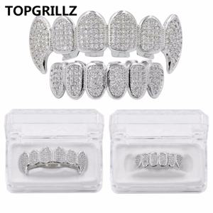 TOPGRILLZ-신제품 핏 실버 도금 CZ 마이크로 포장 상단 및 하단 그릴 세트, 로듐 치아 그릴 뱀파이어 치아 그릴