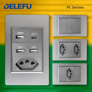 DELEFU 그레이 PC 패널 브라질 표준 콘센트, 더블 USB C 타입 벽 전원 소켓 조명 스위치, 홈 오피스 전기 플러그, 10A, 20A
