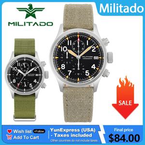 Militado ML1868KF 레트로 VK67 쿼츠 크로노 그래프 시계 스테인레스 스틸 케이스 3 다이얼 방수 100M 다기능 군용 시계