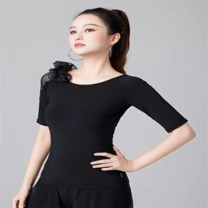 레이스 패치 워크 라틴 댄스 의상 왈츠 탑 성인 현대 탱고 착용 여성 솔리드 컬러 짧은 소매 댄스 파티 밸리 이브닝 의류
