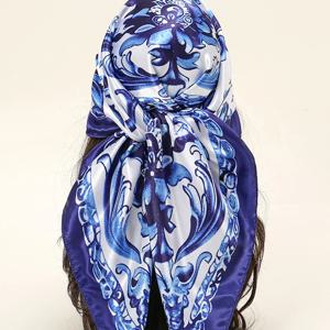 새로운 파란색과 흰색 도자기 새틴 실크 스퀘어 스카프 Hijab 인쇄 이슬람 여성 Headscarf 숙녀 2024 머리띠 스카프 90*90cm