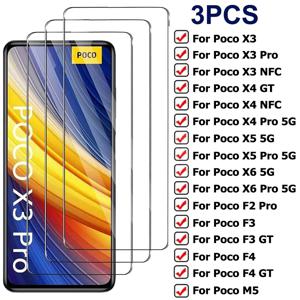 포코 X3 X4 X5 X6 프로 NFC 5G M5S 필름 스크린 보호대, 샤오미 포코 F3 F4 GT F2 프로용 강화 유리 보호 유리, 3 개
