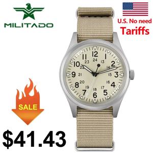 Militado ML07 밀리터리 시계 VH31 쿼츠 무브먼트 사파이어 크리스탈 빛나는 AR 코팅 빈티지 시계 100m 방수