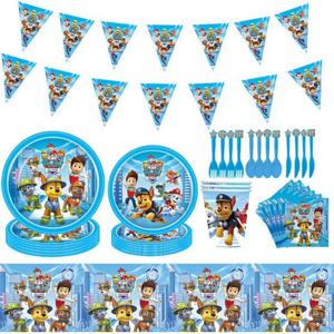 Paw Patrol 시리즈 생일 파티 연회 용품 종이 접시 식탁보 플래그 나이프 포크 스푼 배너 세트 어린이 생일 파티