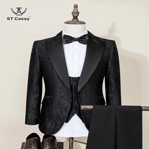 ST 캐시 고품질 명품 남성 정장 3피스 세트 디너 블랙 파티 턱시도 연회복 패션 남성 신랑 결혼식 의상
