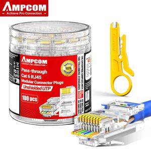 AMPCOM RJ45 모듈형 플러그 인 캐니스터 포장 패스스루 CAT6 커넥터 UTP 3μ 8P8C 이더넷 케이블용 크림프 엔드, 100/50/30PCS